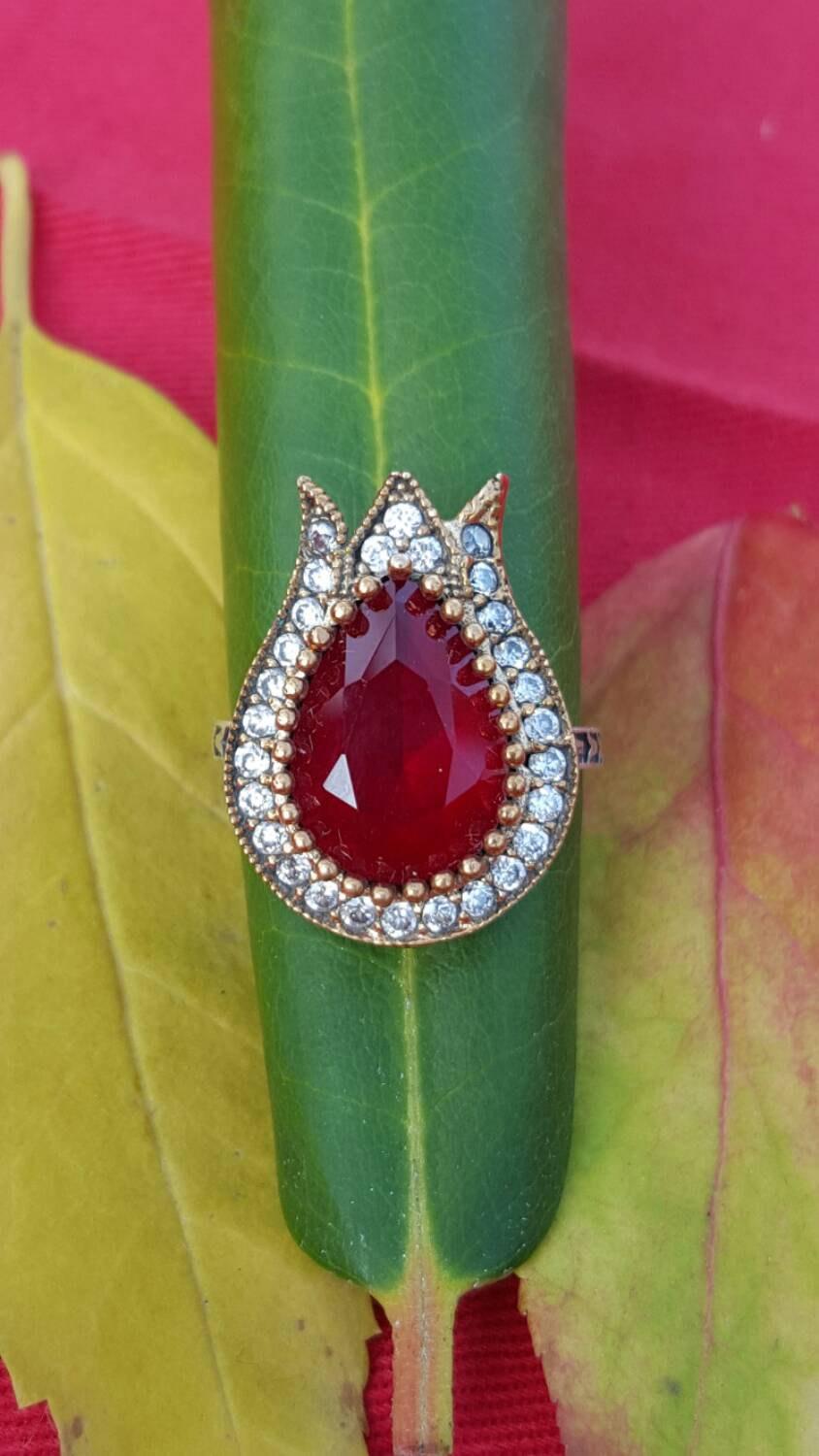 زفاف - Sterling silver rings-red ruby rings-white topaz ring.red ring. gemstone ring-handmade ring-eco friendly jewelry-flower design ring-size 8
