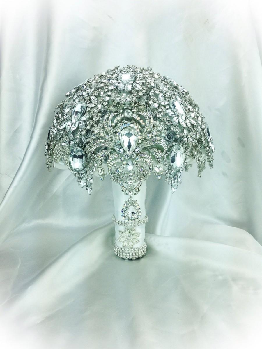Wedding - The Silver White Glam Gatsby Diamond Crystal Bling Brooch Bouquet. Deposit on Swarovski Diamond Jewelry Broach Bouquet. Winter wonderland!