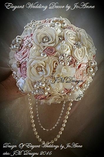 Hochzeit - Fabric Flower Wedding Bouquet - CUSTOM WEDDING BOUQUET, Satin Flower Bouquet, Jeweled Wedding Bouquet , 9 inch Bouquet