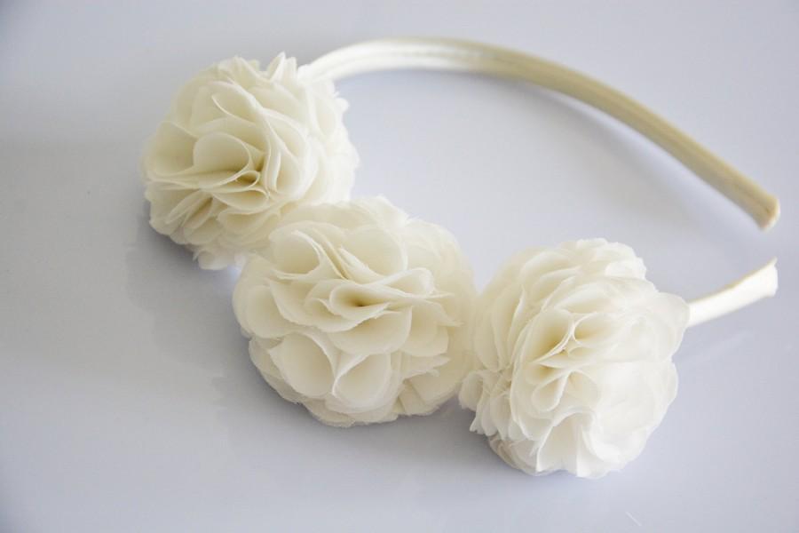 Ivory Satin  Hairband Headband  Ivory & Navy Triple Bow  Bridesmaid Flower Girl