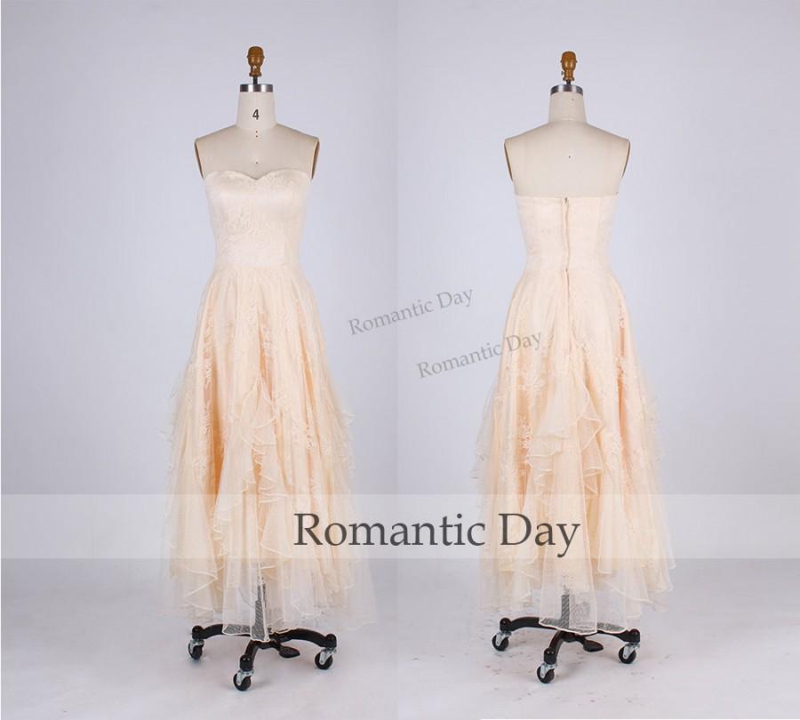 زفاف - Sweetheart Champagne Lace Short Prom Dress/Short Lace Bridesmaid Dresses/Champagne Dress for Wedding/Prom party dress/Plus Size Dress 0337