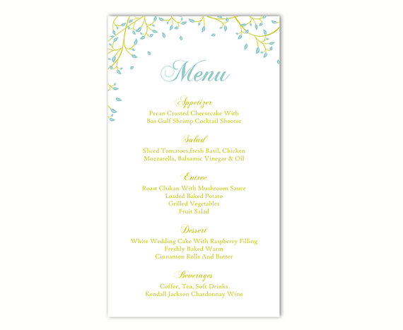 Wedding - Wedding Menu Template DIY Menu Card Template Editable Text Word File Instant Download Green Menu Leaf Menu Template Blue Printable 4x7inch