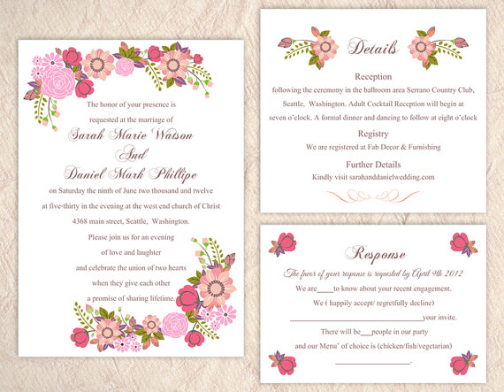 Hochzeit - Printable Wedding Invitation Suite Printable Invitation Floral Wedding Invitation Pink Invitation Download Invitation Edited jpeg file