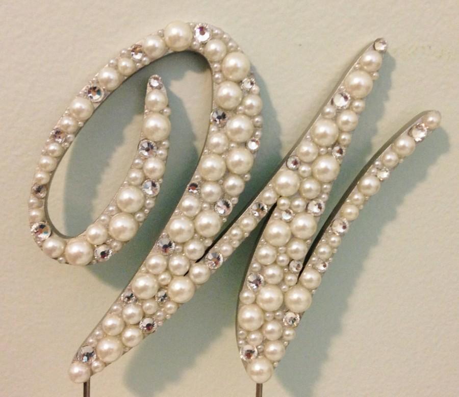 Wedding - Pearls and Rhinestones Commercial Script Monogram Cake Topper (Font 5) - Any Letter A B C D E F G H I J K L M N O P Q R S T U V W X Y Z