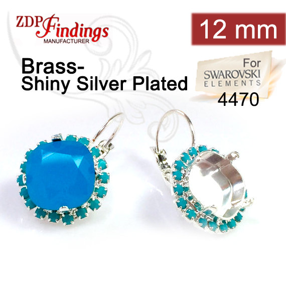 Wedding - 2pcs x Square 12mm Bezel Earrings For Setting Silver Plated w/ Turquoise Rhinestone. Fit Swarovski 4470 (LBSQ12TRSSP)