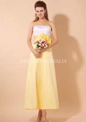 زفاف - Buy Australia A-line Strapless White& Daffodil Two Tones Flowers Satin Floor Length Bridesmaid Dresses 8132132 at AU$123.42 - Dress4Australia.com.au
