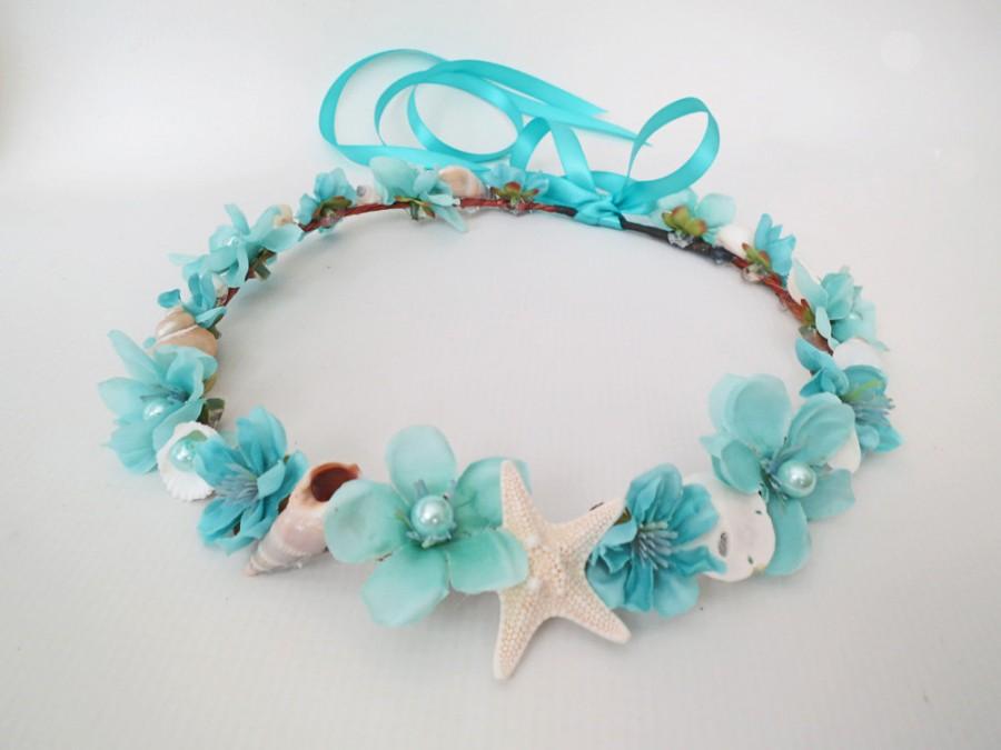 Hochzeit - Mermaid's Dream Bridal Crown-Aqua Beach Wedding Flower Crown-Beach Wedding Hair Crown-Crown of Sea Shells-Ivory Flower Crown