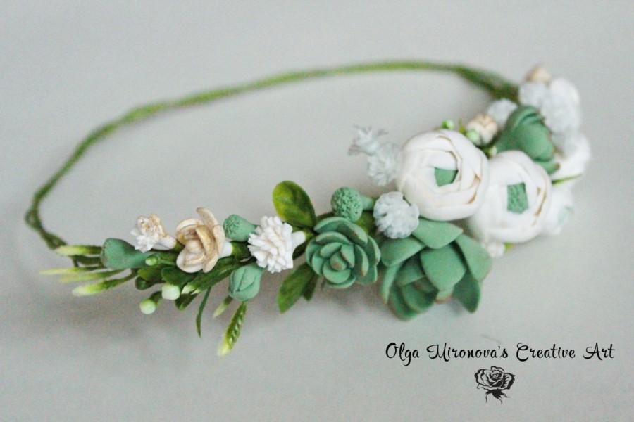 Wedding - Boho Rustic Untailored whimsy Floral headband, Bridal wreath, garland with succulents and ranunculus, Bridal tiara, floral crown