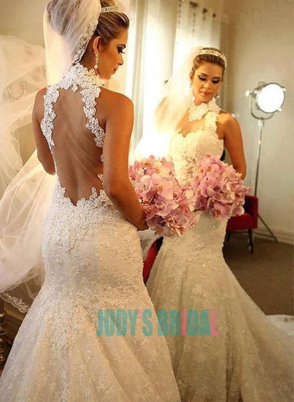 Mariage - Sexy sheer tulle back halter high neck lace mermaid wedding dress
