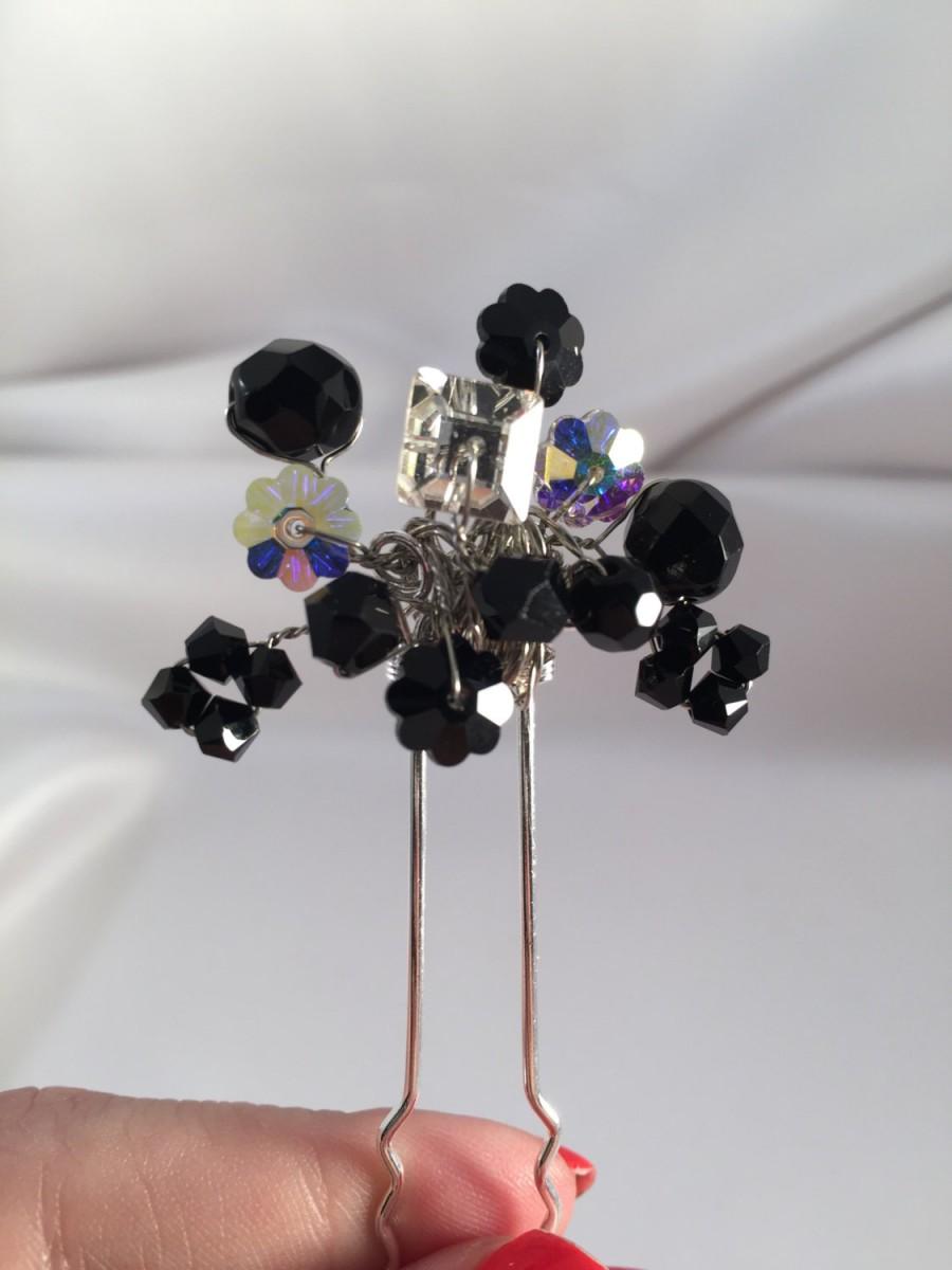 Свадьба - Black Swarovski Crystal Hair Comb Hair Pin, Black Bridal, Swarovski Crystal Bridesmaid Gift, Rhinestone Bridal Prom Wedding Hair Accessory
