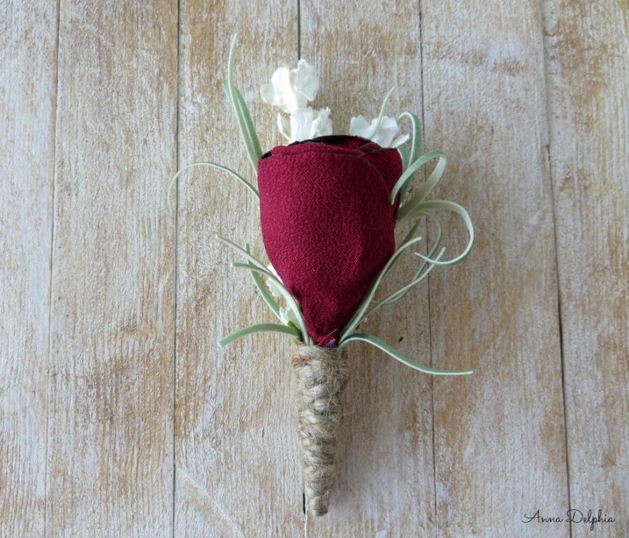 Mariage - RED Rose Wedding Boutonniere, Groom, Groomsmen Boutonniere, Rustic Wedding Boutonniere, Red Weddings, Red Bordeaux Satin, Rustic Weddings