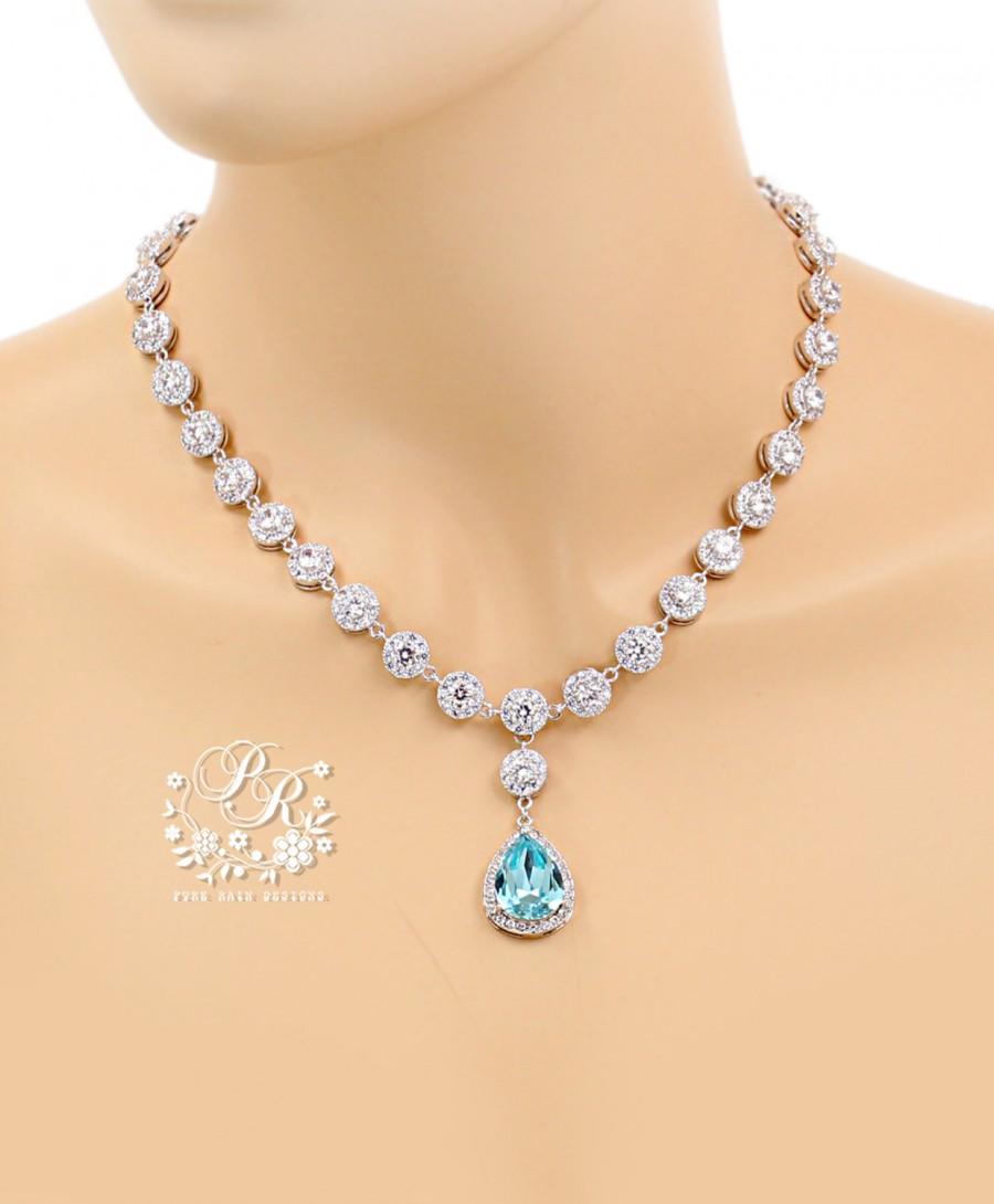 Mariage - Wedding Necklace Zirconia Aquamarine blue Crystal Necklace Wedding Jewelry Wedding Accessory Bridal Necklace Earrings Bridal Jewelry Tvis