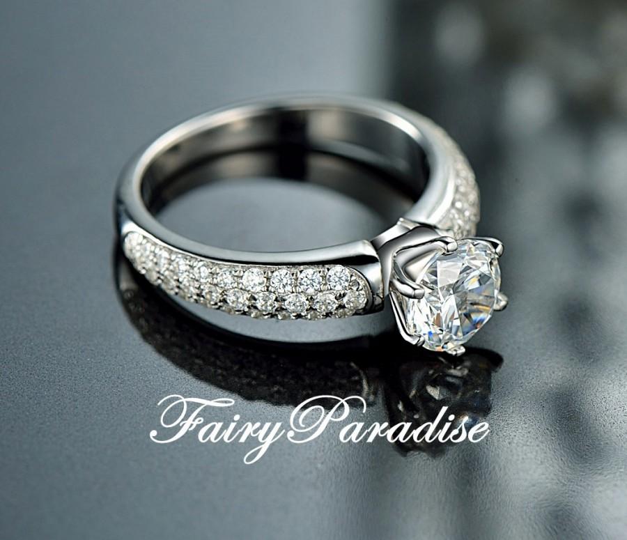 زفاف - 1 Carat Round Cut Man Made Diamond Solitaire Engagement Rings / Promise Ring in 3 rows pave band, Anniversary gift  (Fairy Paradise) MR063