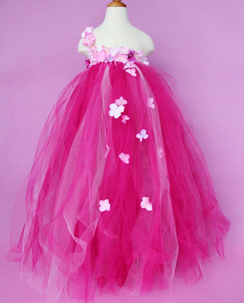 زفاف - Hot Pink Flower Girl Dress Pink Hydrangea Gril Dress Tutu Dress Toddler Dress Birthday Dress Party Dress Girl's Costumes