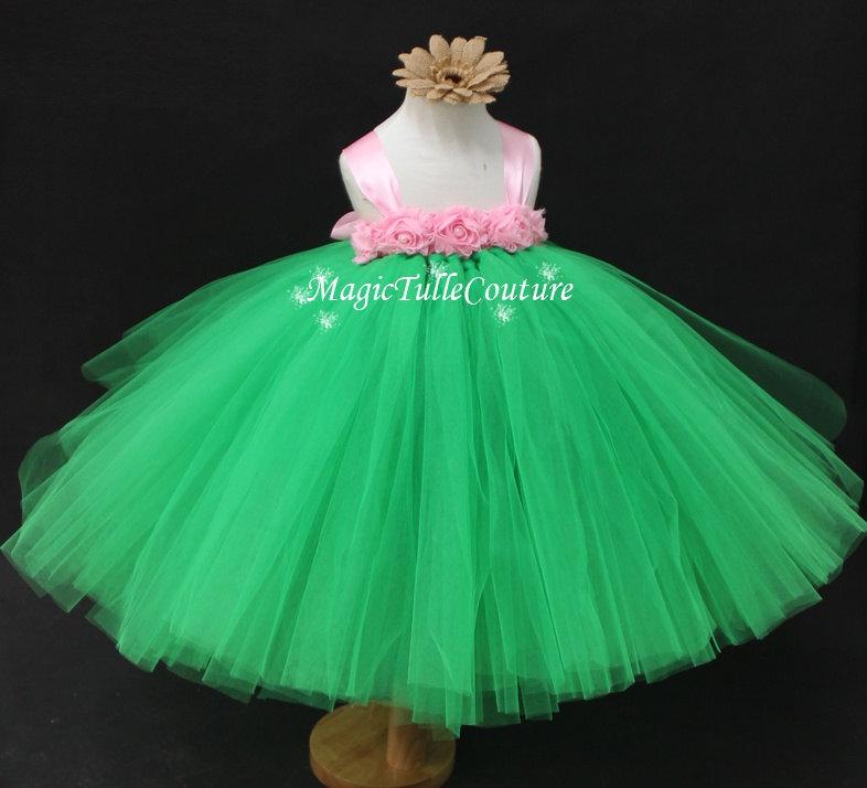 Wedding - Emerald and Pink Flower Girl Tutu Dress Tulle Dress Birthday Dress