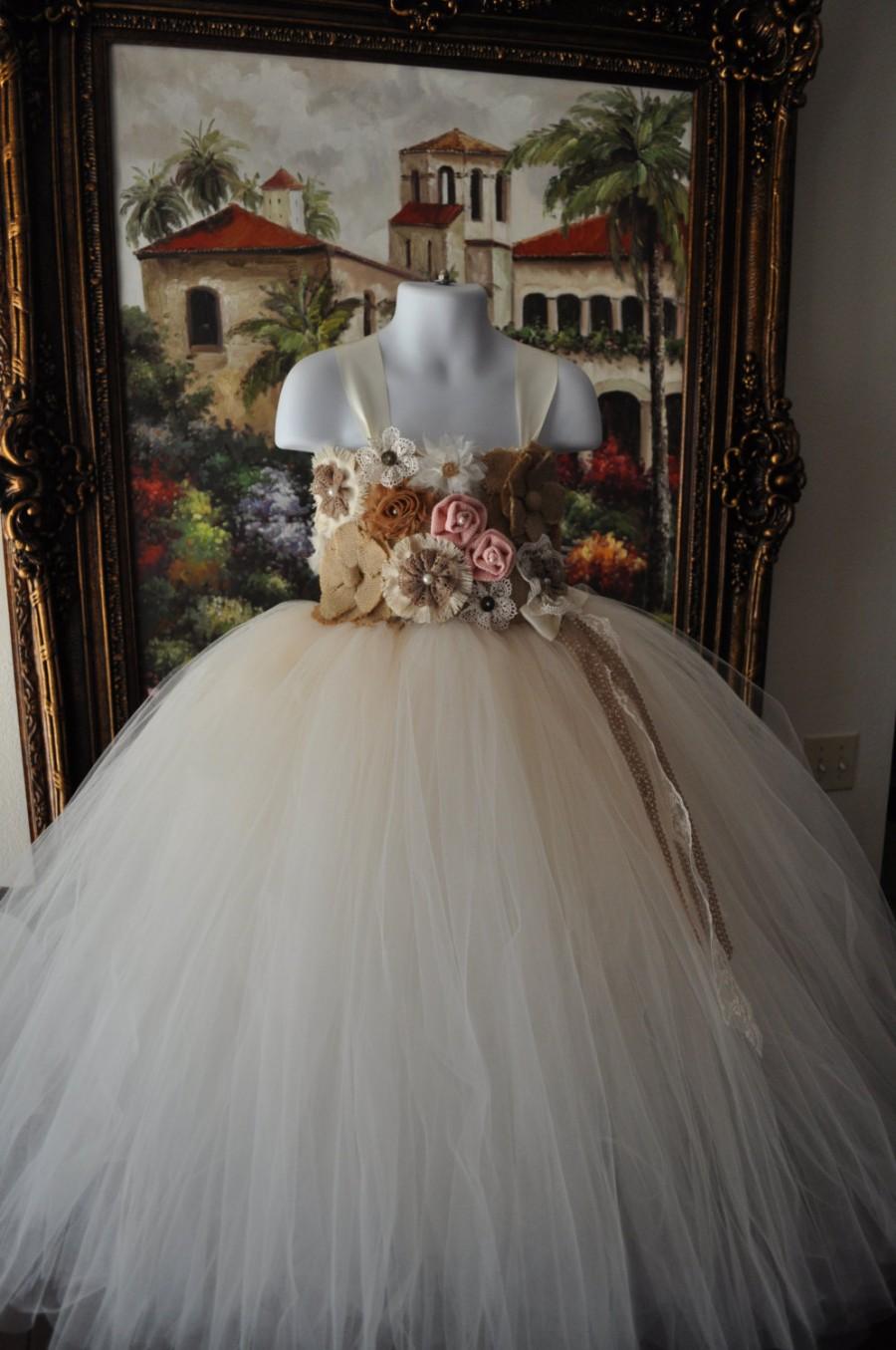 Mariage - Rustic Flower Girl Dress,Vintage Inspired Girls Dress,Burlap Lace Girls Dress, Ivory Baby Tutu Dress, Ivory Lace Infant Dress, Country Dress