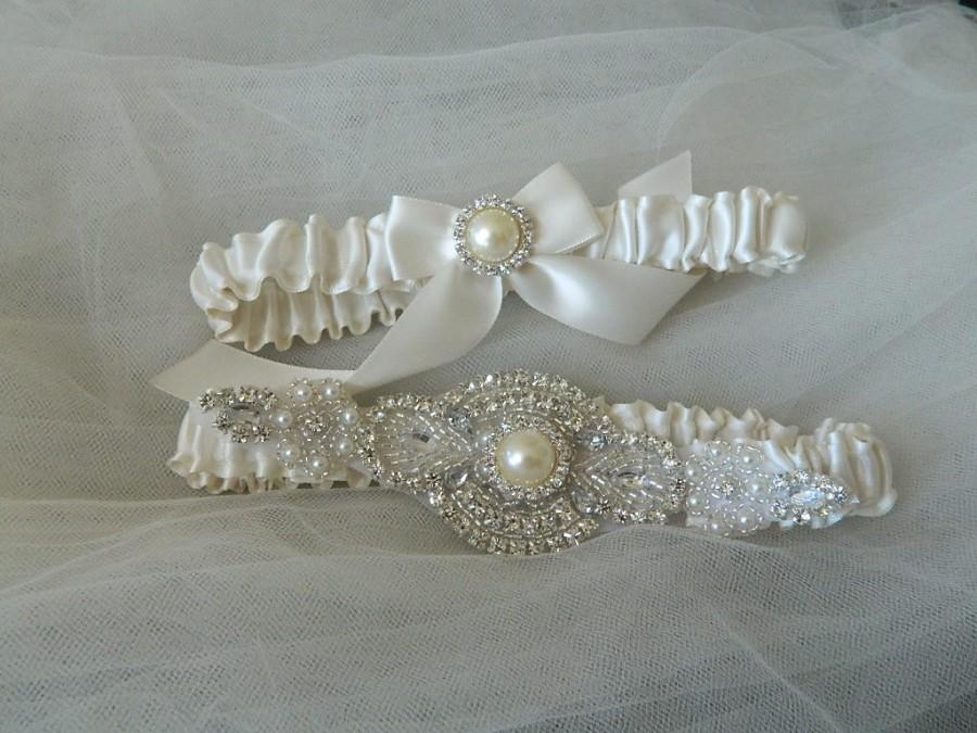 Hochzeit - Wedding Garter Set With Gorgeous Crystals Pearl Rhinestone Applique-Angelica Set