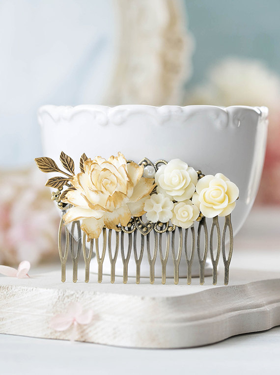 Wedding - Vintage Style Bridal Hair Comb Cream White Ivory Flower Antique Gold Leaf Branch Hair Comb Rustic Vintage Wedding Country Chic Large Comb