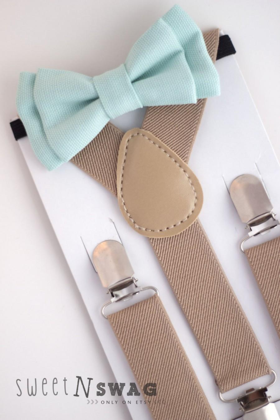 Wedding - SUSPENDER & BOWTIE SET.  Newborn - Adult sizes. Beige / Tan suspenders. Mint bow tie