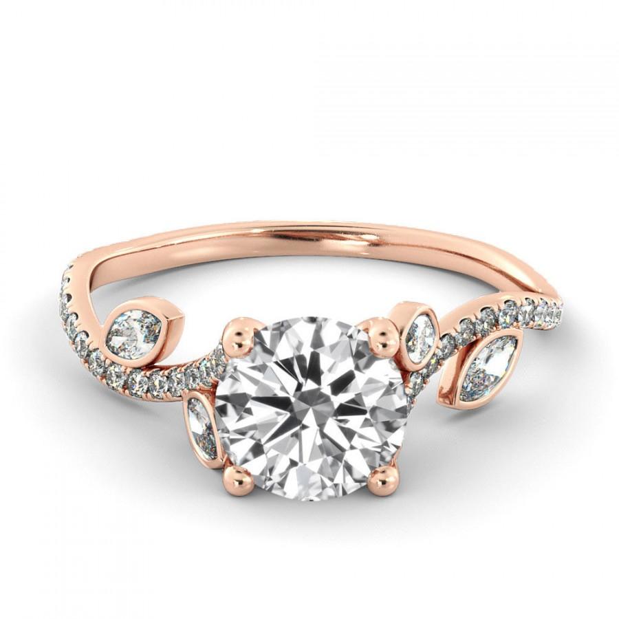 زفاف - 1.00 CT Natural Leef VS Diamond Engagement Ring, 14k Rose Gold Large Diamond Leaves Ring