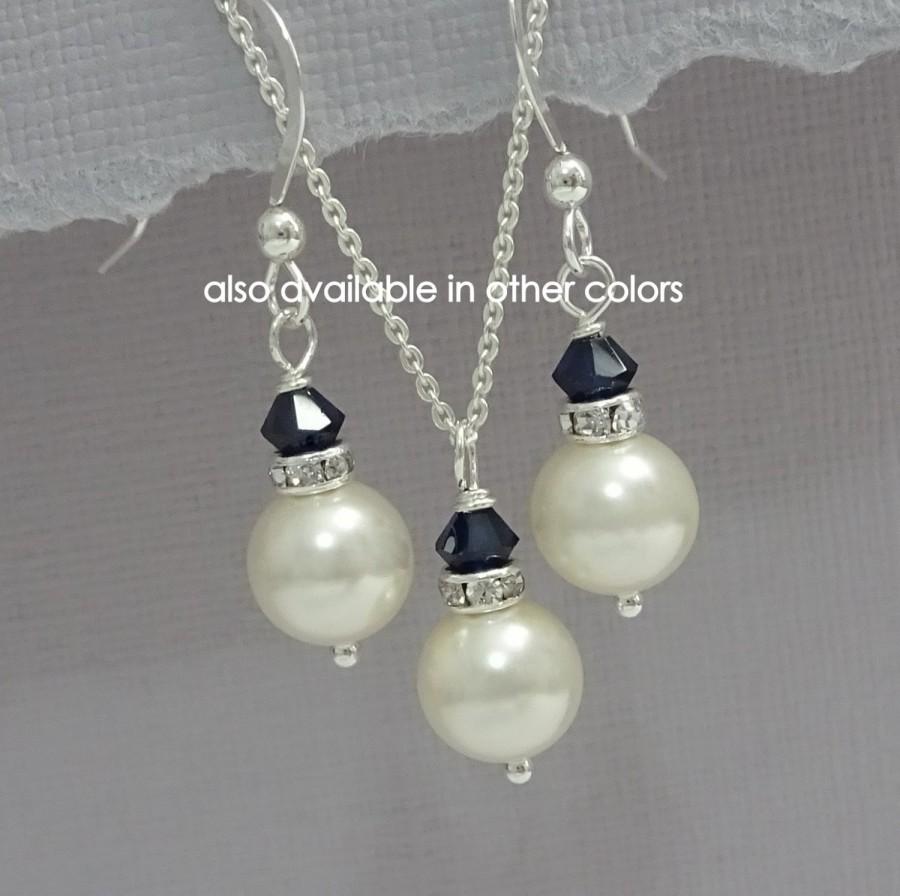 زفاف - CUSTOM COLOR Bridesmaid Gift, Dark Navy Wedding Jewelry Set, Swarovski Ivory Pearl and Dark Indigo Crystal Jewelry Set, Bridesmaid Jewelry