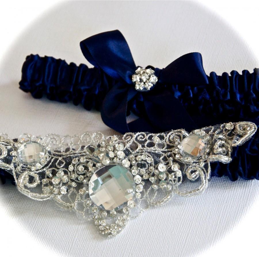 Hochzeit - Wedding Garter Set in Navy Satin with Wedding Garter Centering in Beaded Regal Crystals and Sequins