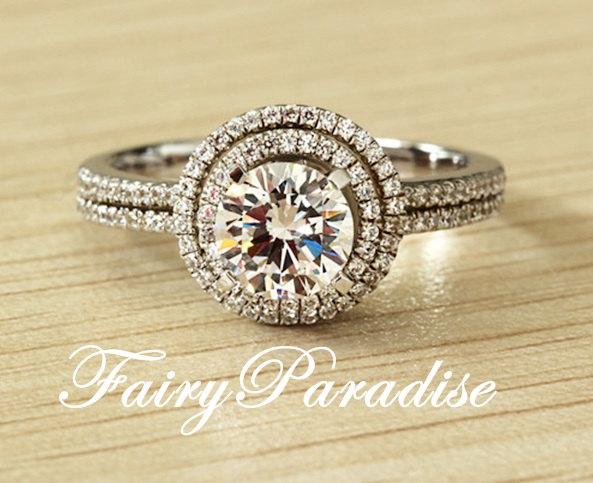 زفاف - 0.8 Ct (6 mm) Double Halo Engagement Ring / Silver Promise Ring, Round cut Lab Made Diamond, Double pave band  (FairyParadise)