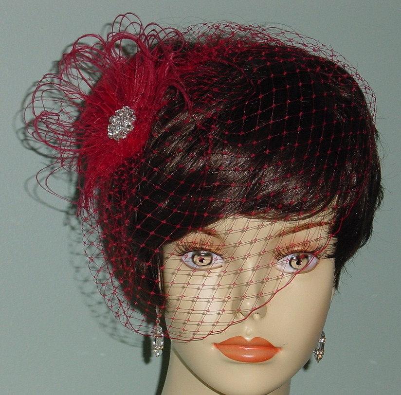 زفاف - Red Birdcage Veil with Ostrich Feather Fascinator French Veiling Bride Bridesmaid - Made to Order