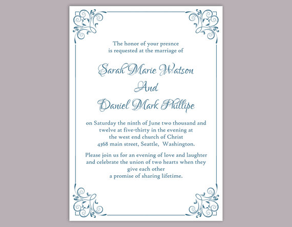 Mariage - DIY Wedding Invitation Template Editable Word File Instant Download Printable Elegant Invitation Blue Wedding Invitation Floral Invitation