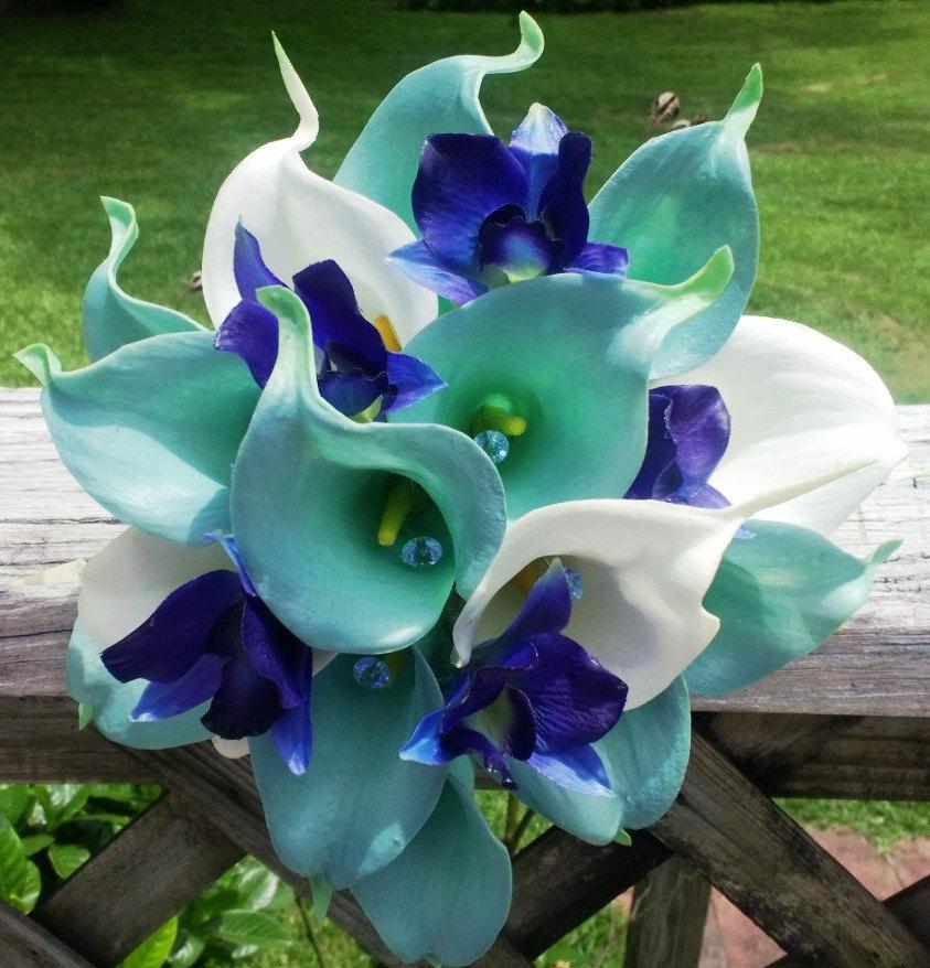 Wedding - Real Touch Aqua Blue & White Calla Lily Royal Blue Orchid Wedding Bouquet with Boutonniere, Aqua Blue Bouquet Calla Lily Bouquet Orchid