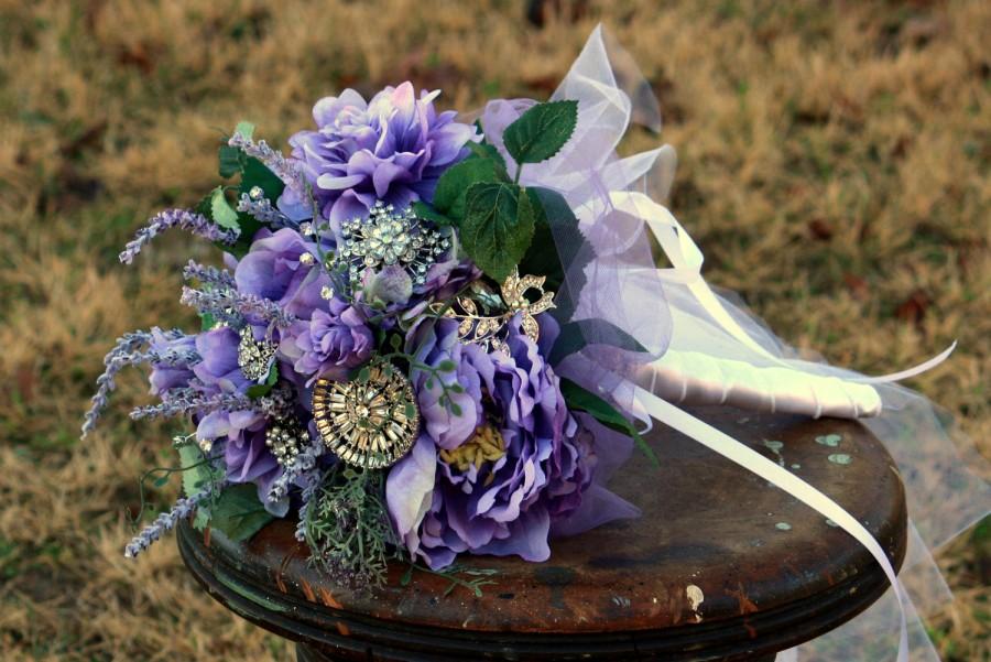 Mariage - Brooch Bouquet Rustic Woodland jeweled purple bling rhinestone bridal bouquet