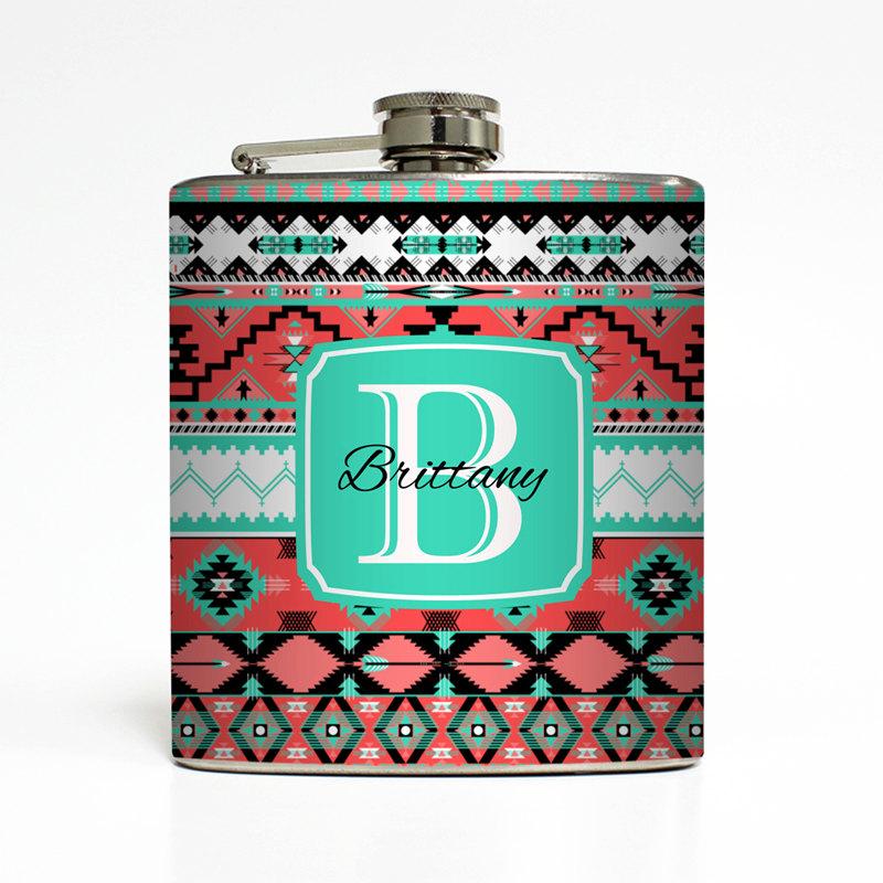 Hochzeit - Personalized Flask Custom Name Initial Monogram Aztec Tribal Trendy Sorority Bridesmaid Gifts Stainless Steel 6 oz Liquor Hip Flask LC-1479
