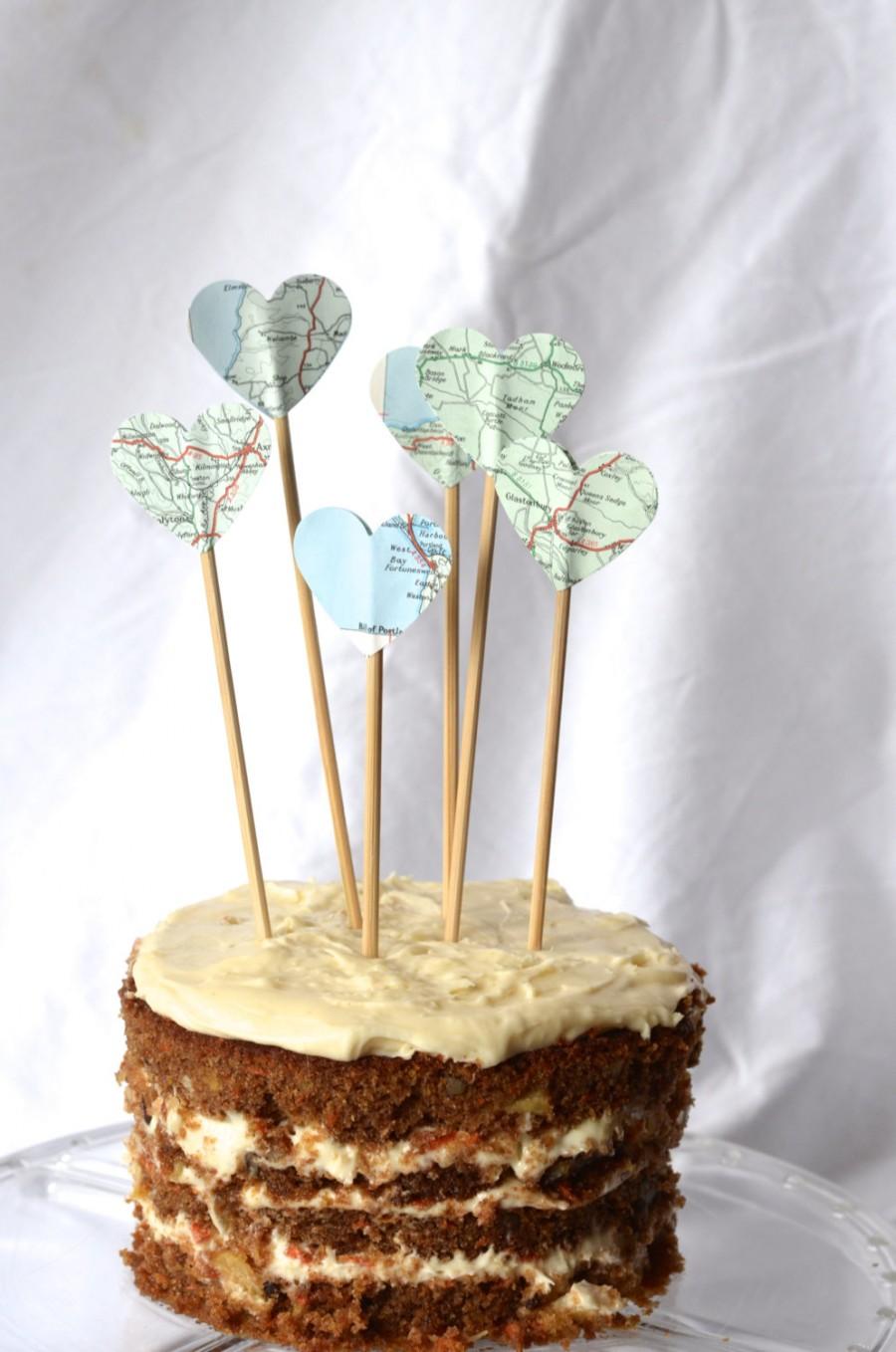 زفاف - Vintage Map Pie Topper, heart shaped cake and dessert topper