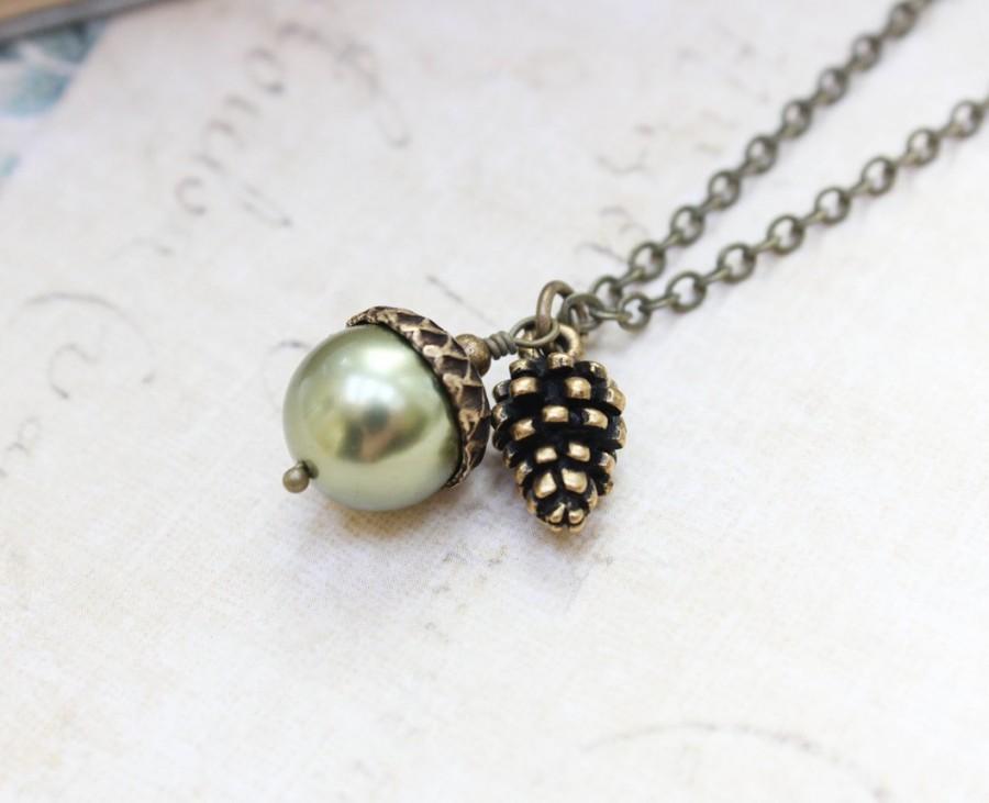 Wedding - Green Pearl Acorn Necklace with Pinecone Charm Pendant Autumn Jewelry Woodland Necklace Mighty Oak Gift Under 25 Christmas Stocking Stuffer