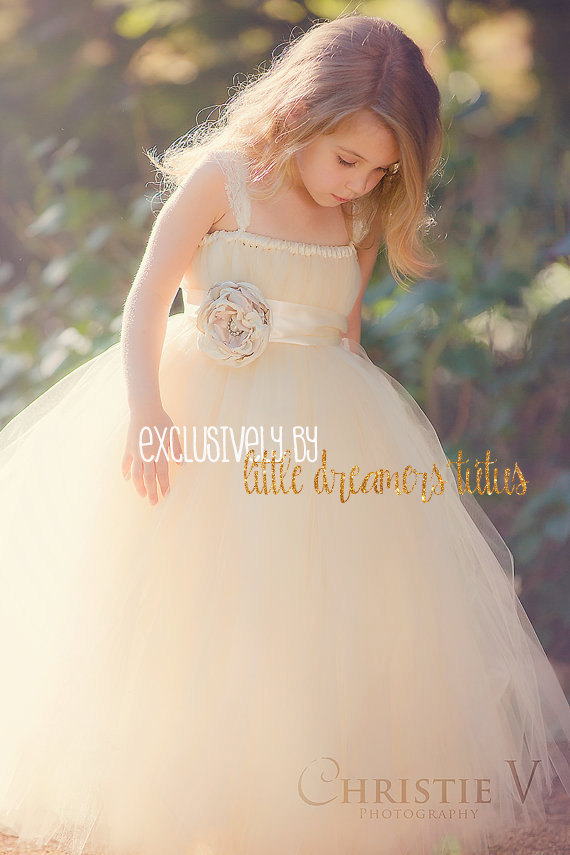 Wedding - Ivory Champagne Flower Girl Tutu Dress with Flower Sash and Lace Cap Sleeves