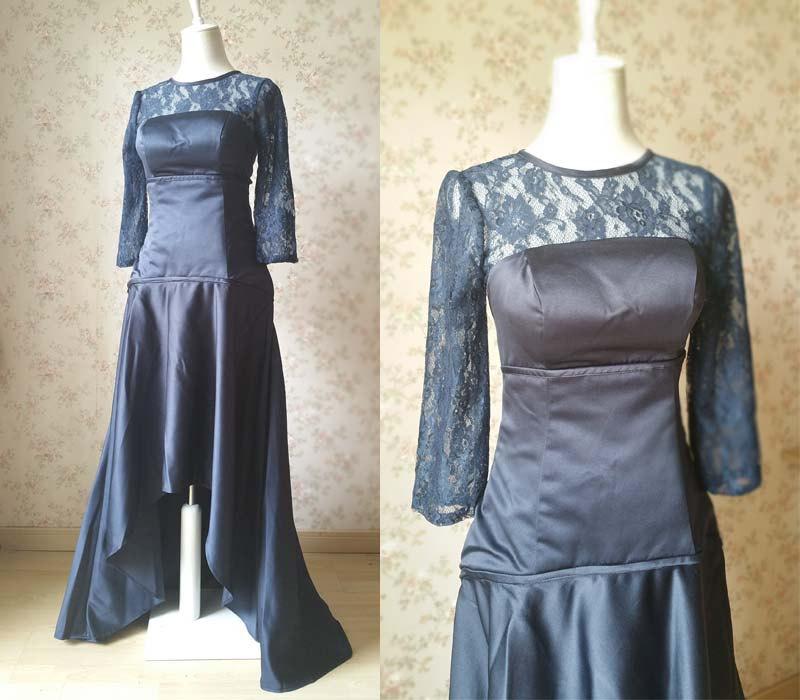 Mariage - Elegant Navy Dress. Lace Sleeved Mermaid Dress with train. Mother of the bride Dress. Wedding Party Dress 2015 new. Lace High Low Dress