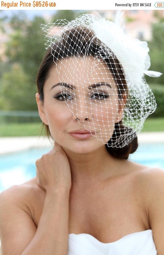Wedding - Bridal birdcage fascinator,Bridal headpiece, feathers rhinestone Russian veil, Bridal Hair pin,bridal hair accessory