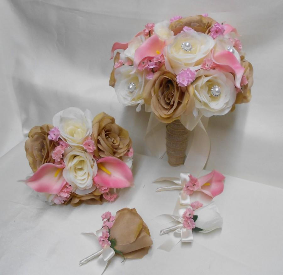 Hochzeit - Wedding Silk Flower Bridal Bouquet 18 pieces Package Ivory Cream Pink Blush Calla Lily Burlap Bridesmaid Boutonnieres Corsages FREE SHIPPING