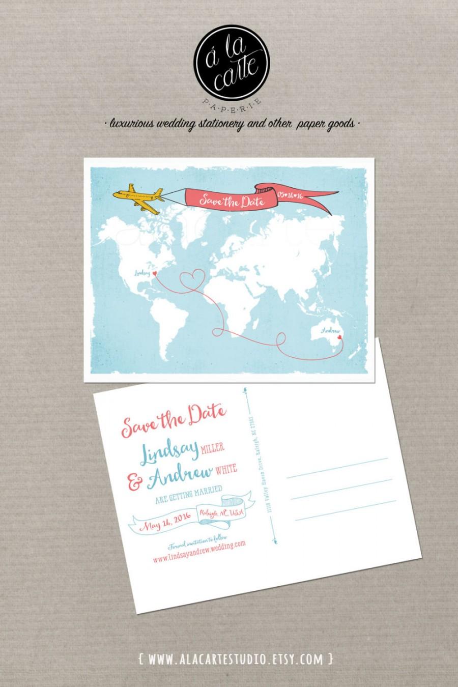 Свадьба - World map International couple Wedding Save the Date Card - Airplane with Banner - USA Australia wedding