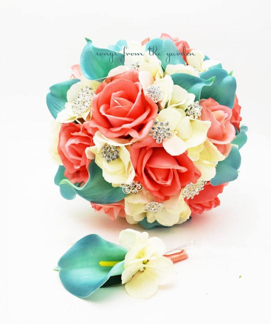 Свадьба - Coral Ivory Aqua Bridal Bouquet Rhinestone Brooches Wedding Bouquet Groom Boutonniere - Customize For Your Colors - Coral Ivory Aqua Blue