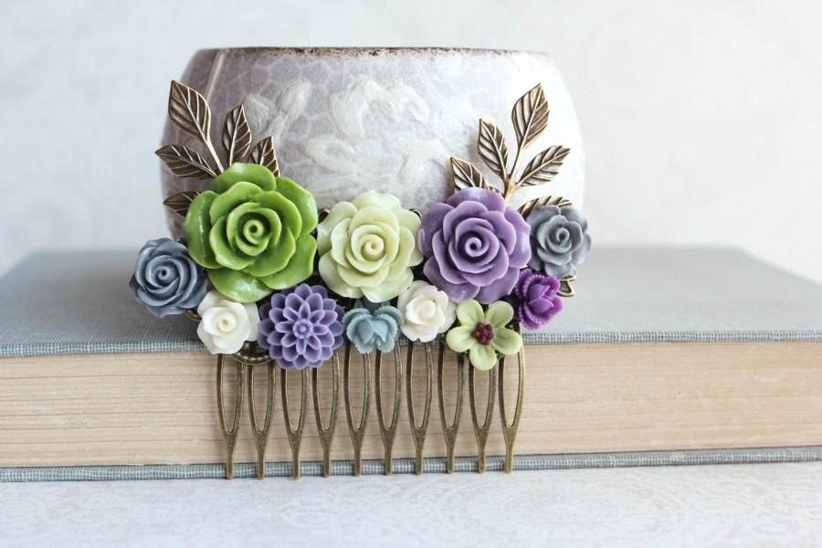 Hochzeit - Purple Rose Comb Lavender and Green Wedding Bridal Hair Comb Floral Accessories Spring Garden Hair Accessories Grey And Mauve Colorful Comb