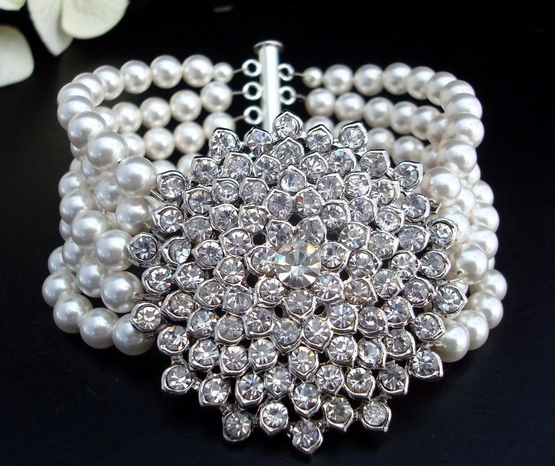 زفاف - Bridal Wedding Pearl Bracelet,White or Ivory Pearls,Bridal Rhinestone Bracelet,Statement Bridal Bracelet,Pearl Wedding Bracelet,Pearl,JOANNA