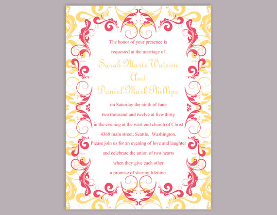 Свадьба - DIY Wedding Invitation Template Editable Word File Instant Download Elegant Printable Invitation Pink Wedding Invitation Yellow Invitations