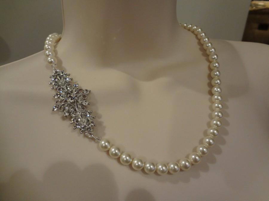 زفاف - Bridal Pearl necklace, Vintage Style, rhinestone and Pearl necklace, Bridal Necklace, Lucinda