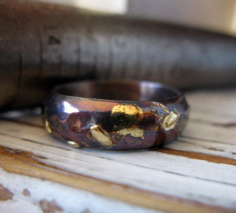 Wedding - Rustic Mens Wedding Band Oxidized Sterling Silver with Yellow Gold 7mm Width Artisan Mens Wedding Ring or Commitment Ring