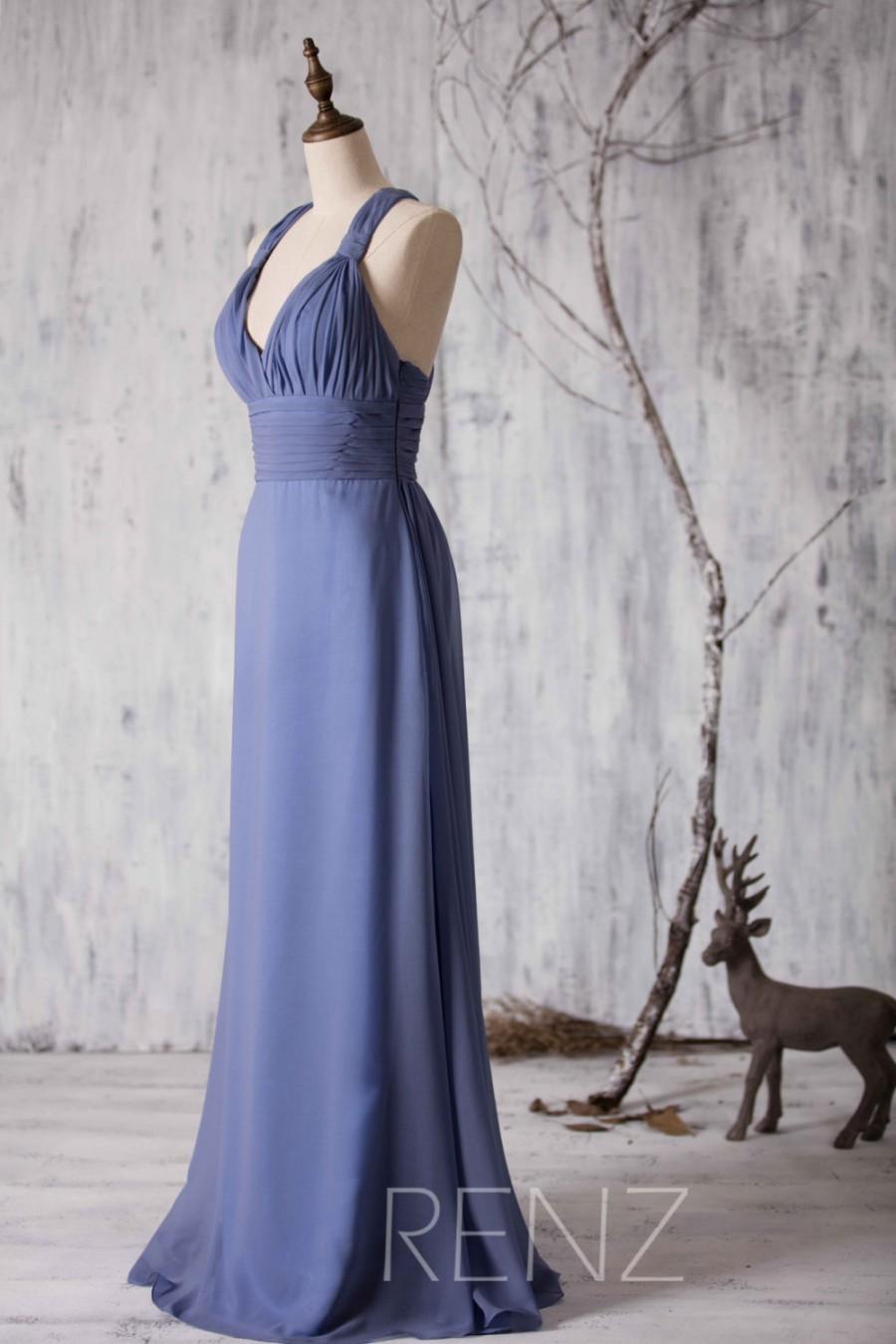 زفاف - 2015 Steel Blue Bridesmaid dress Chiffon, Halter Strape Wedding dress, Long Maxi dress, V neck Formal dress, Party dress floor length (F079)