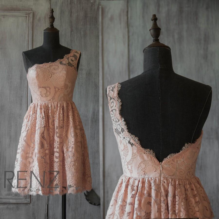 زفاف - 2015 Blush Lace Bridesmaid dress, Peach Wedding dress, Short Party dress, Formal dress, Coral Pink One-shoulder, Knee-length dress (FL019A)
