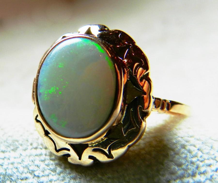 زفاف - Reserved for E, 1st pymt Opal Ring 2.15 Ct Opal Ring Art Deco Australian Blue Opal Victorian Engagement Ring 14K Rose Gold October