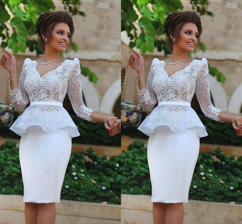 زفاف - Hote Myriam Fares White Prom Dresses Arabic with Long Sleeves Sheath V Neck Short Bridal Plus Size Formal Evening Gowns 2016 Online with $89.53/Piece on Hjklp88's Store 