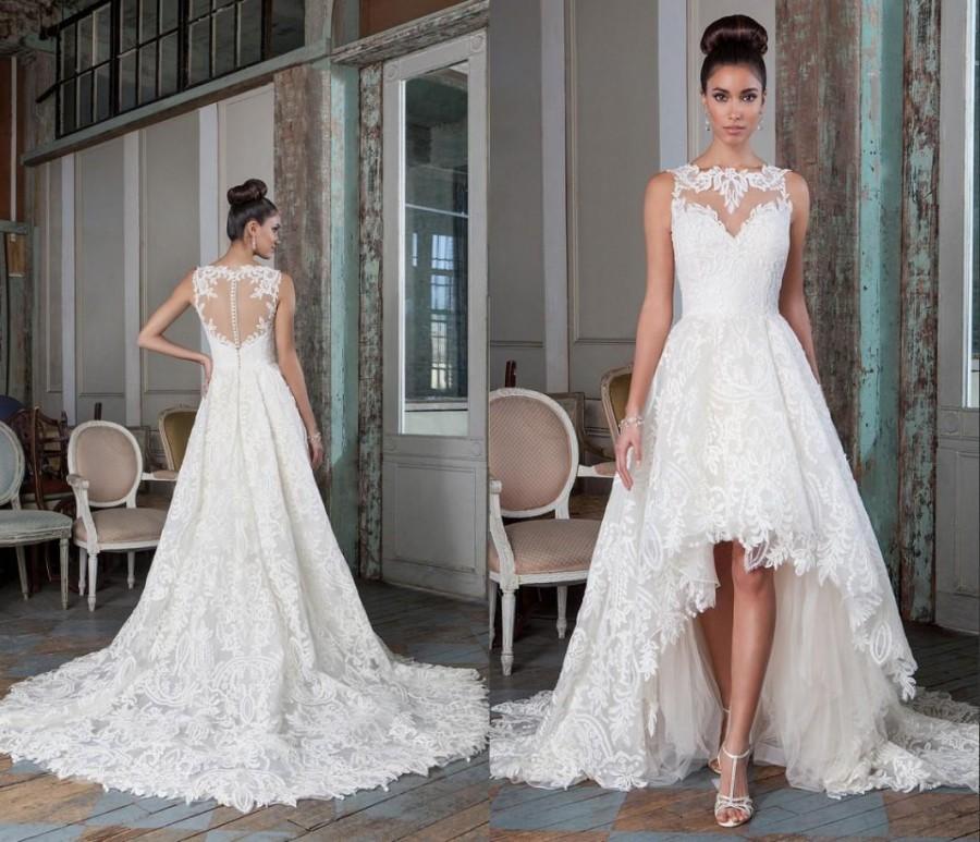 Mariage - Charming High Low Wedding Dresses Sheer Bateau 2016 Justin Alexander 9818 Vestido De Noiva Lace Buttons Heart Shaped Back Bridal Gowns Online with $143.3/Piece on Hjklp88's Store 
